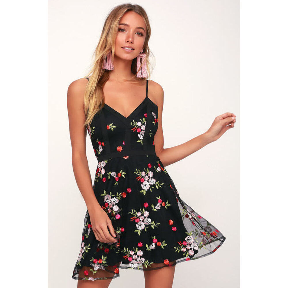 Lulus Favorite Fleur Black Floral Mesh Embroidered Skater Dress - Size XS